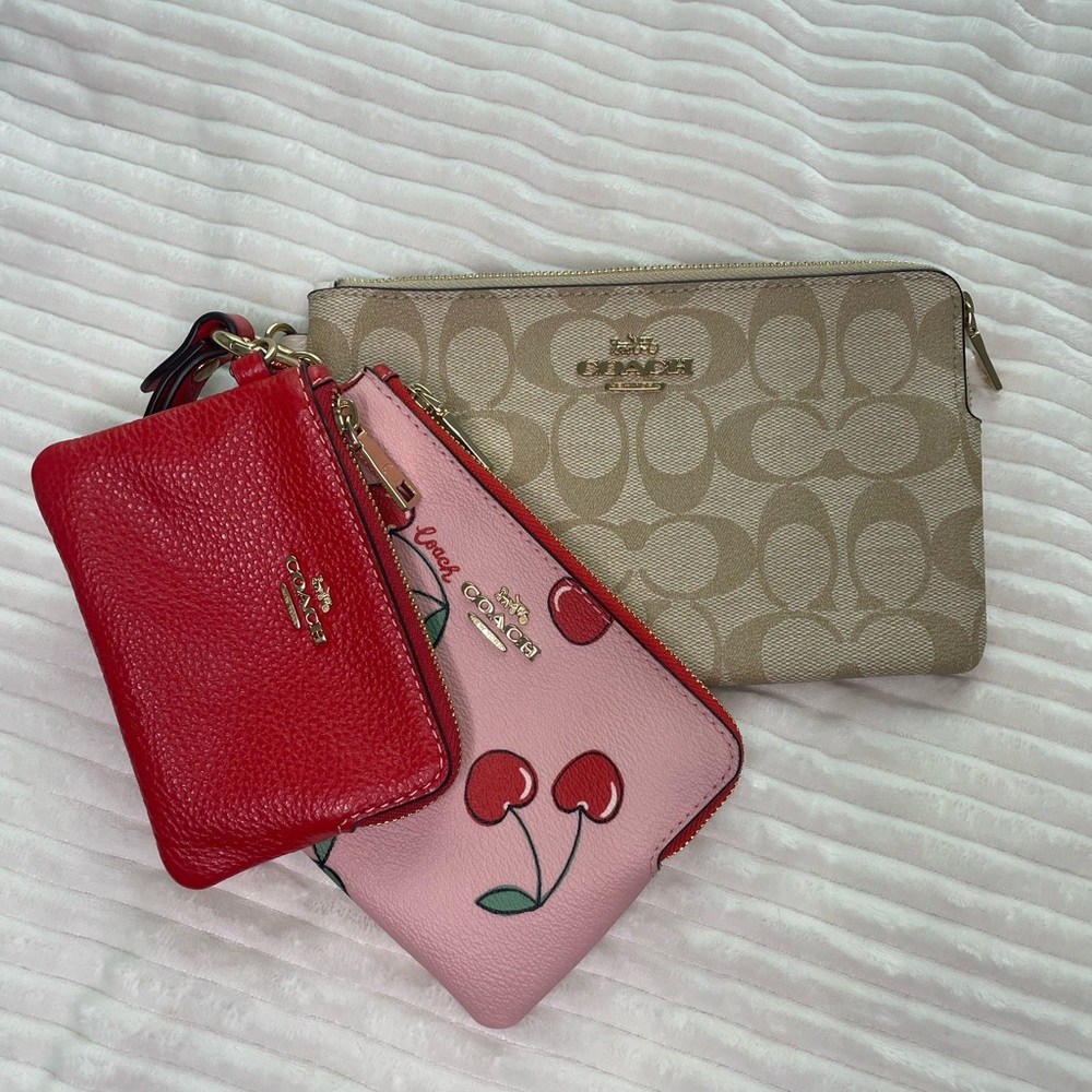 Coach Tan, Red, and Pink Wristlet Trio Cherry Design 3 Set Mini Wallets